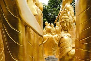 隣り合って座っている黄金の仏像のグループ