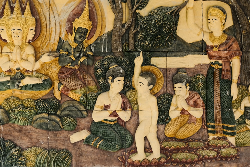 Ein Gemälde einer Gruppe von Menschen in einem Wald