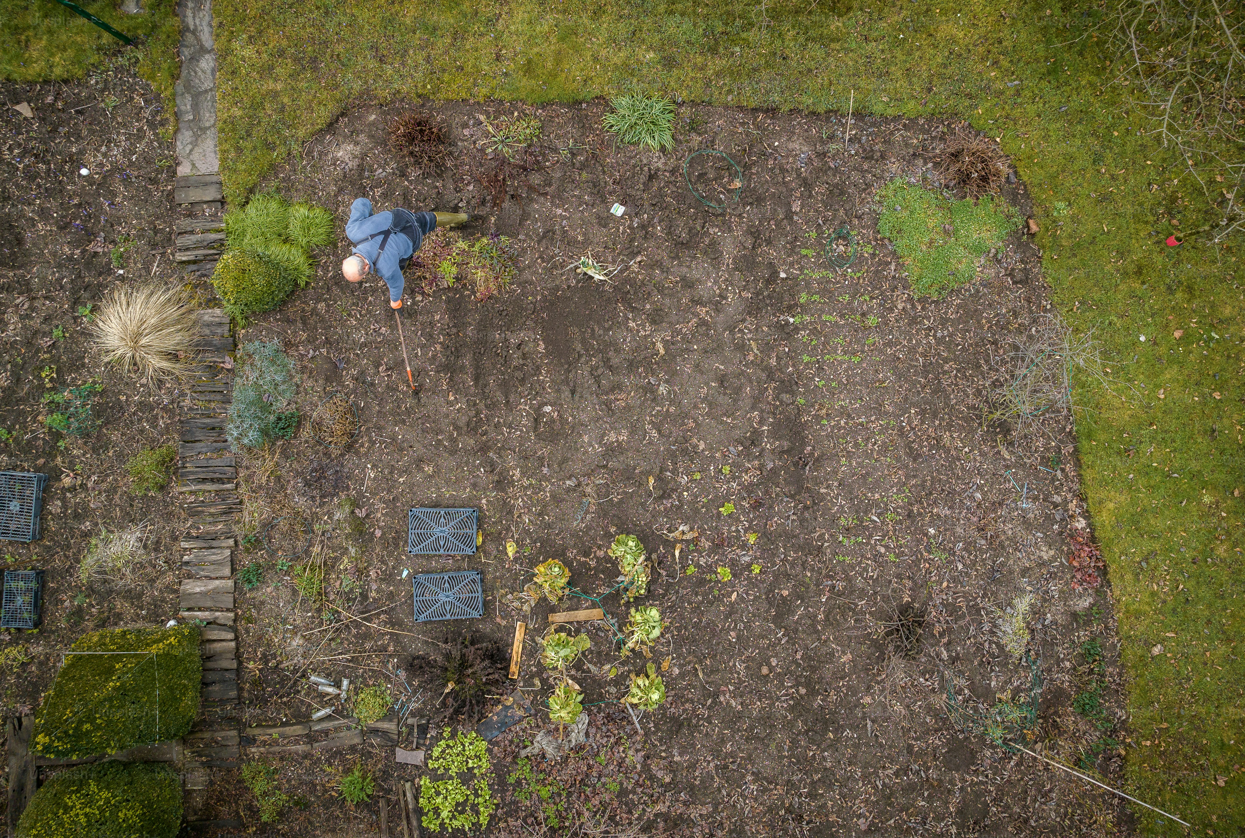 Luftaufnahme eines Gartens mit einem Mann, der darin arbeitet