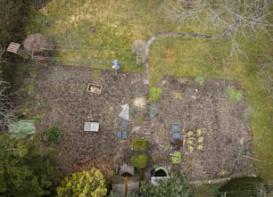 an aerial view of a yard with a lot of trees