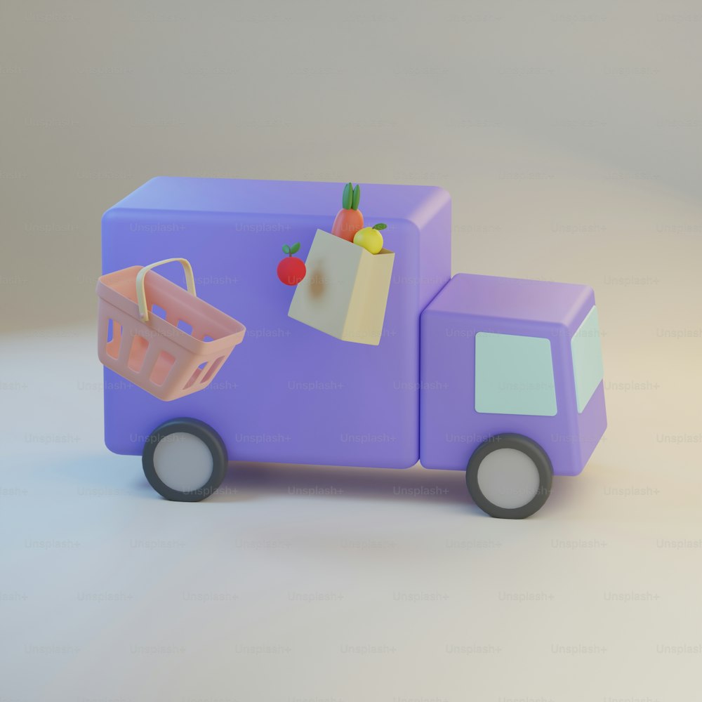 a toy truck with a shopping bag on the back of it