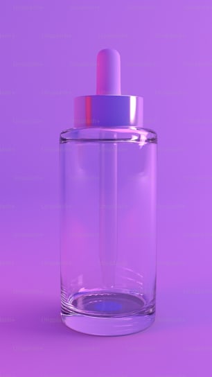 a glass bottle with a pink lid on a purple background
