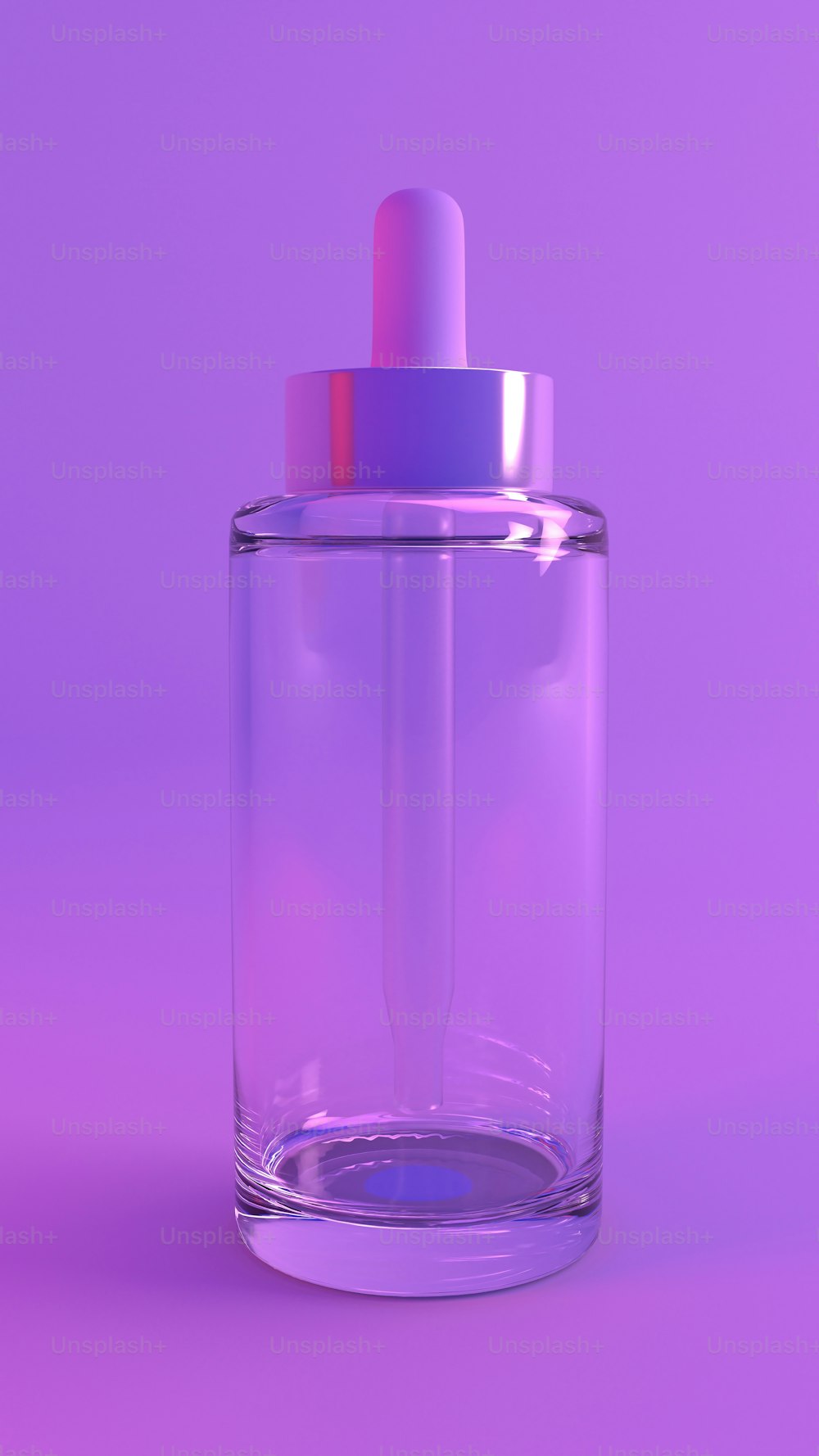 a glass bottle with a pink lid on a purple background