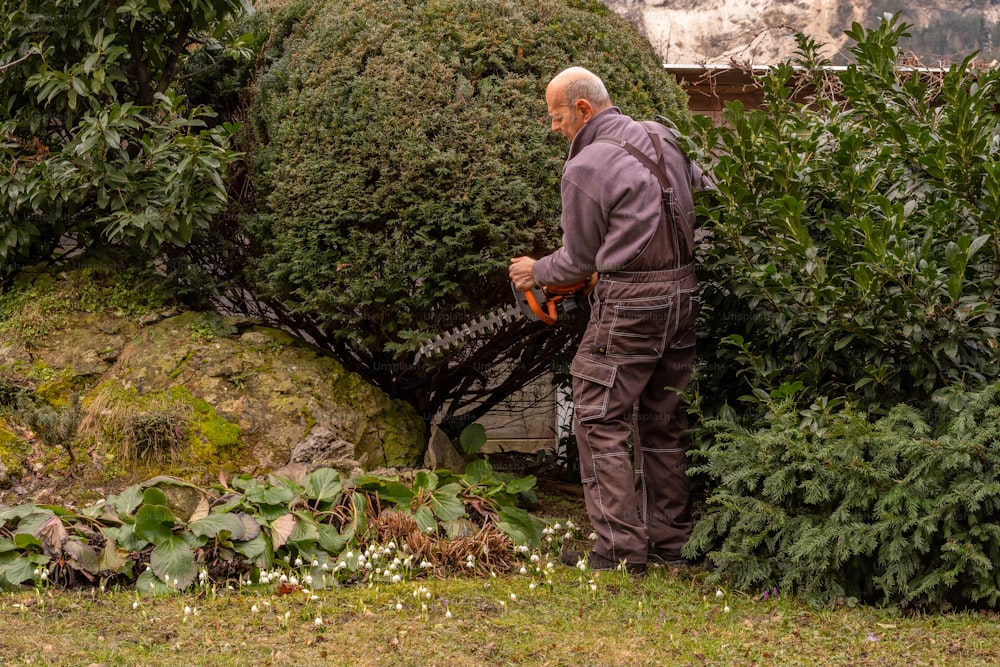um homem usando um aparador de sebe em um jardim
