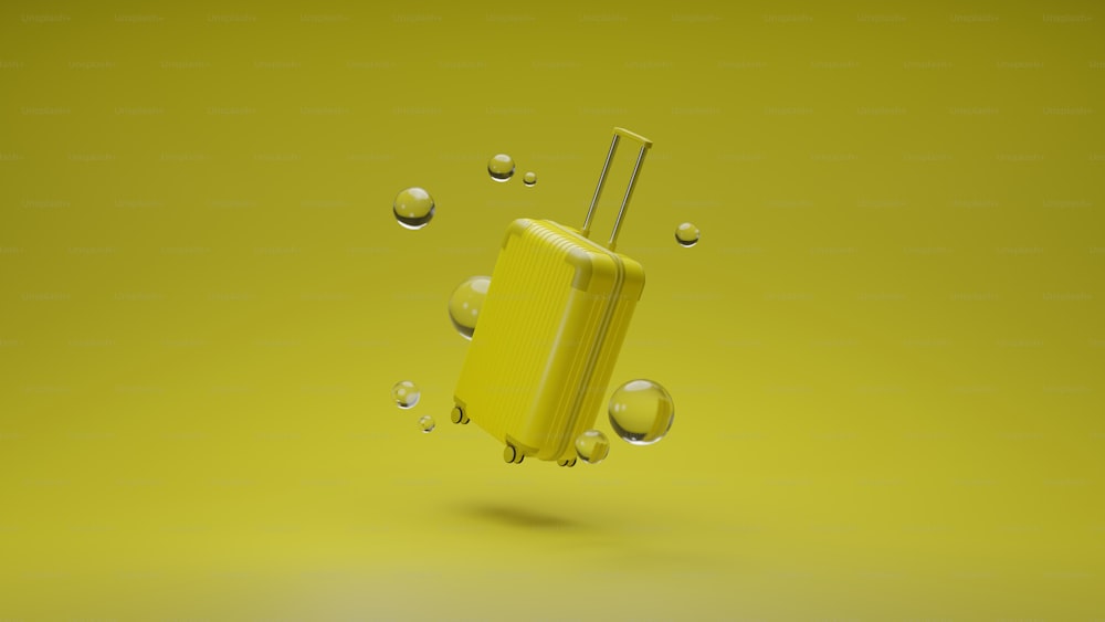 a yellow piece of luggage floating in the air
