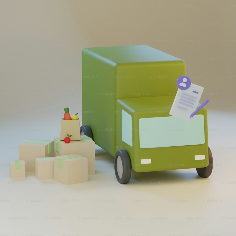隣に箱が山積みになった緑色のおもちゃのトラック