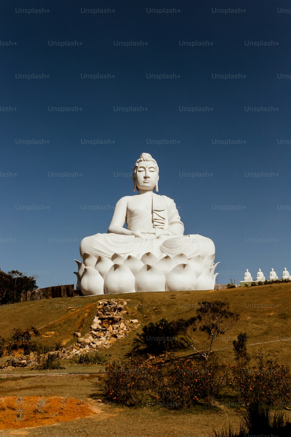 uma grande estátua branca de buddha sentada no topo de uma colina