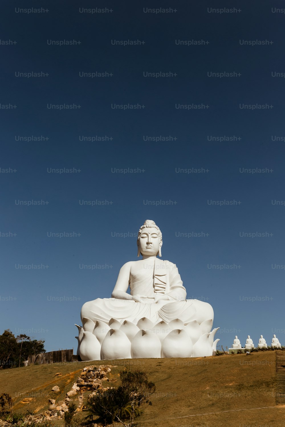 Una gran estatua blanca de Buda sentada en la cima de una colina