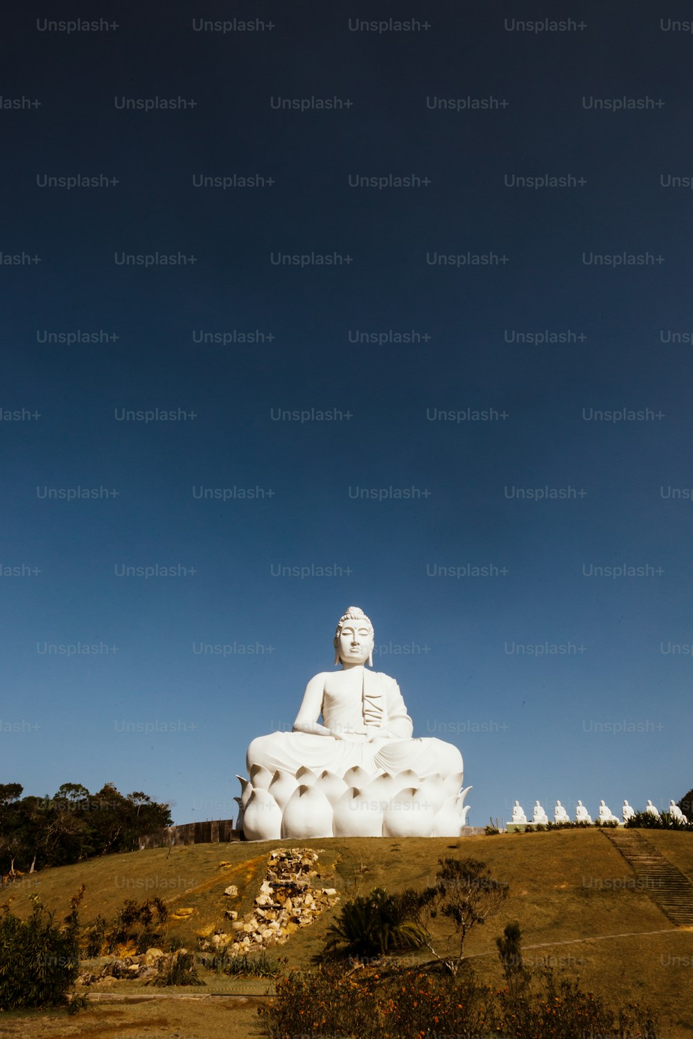 a large white buddha statue sitting on top of a hill