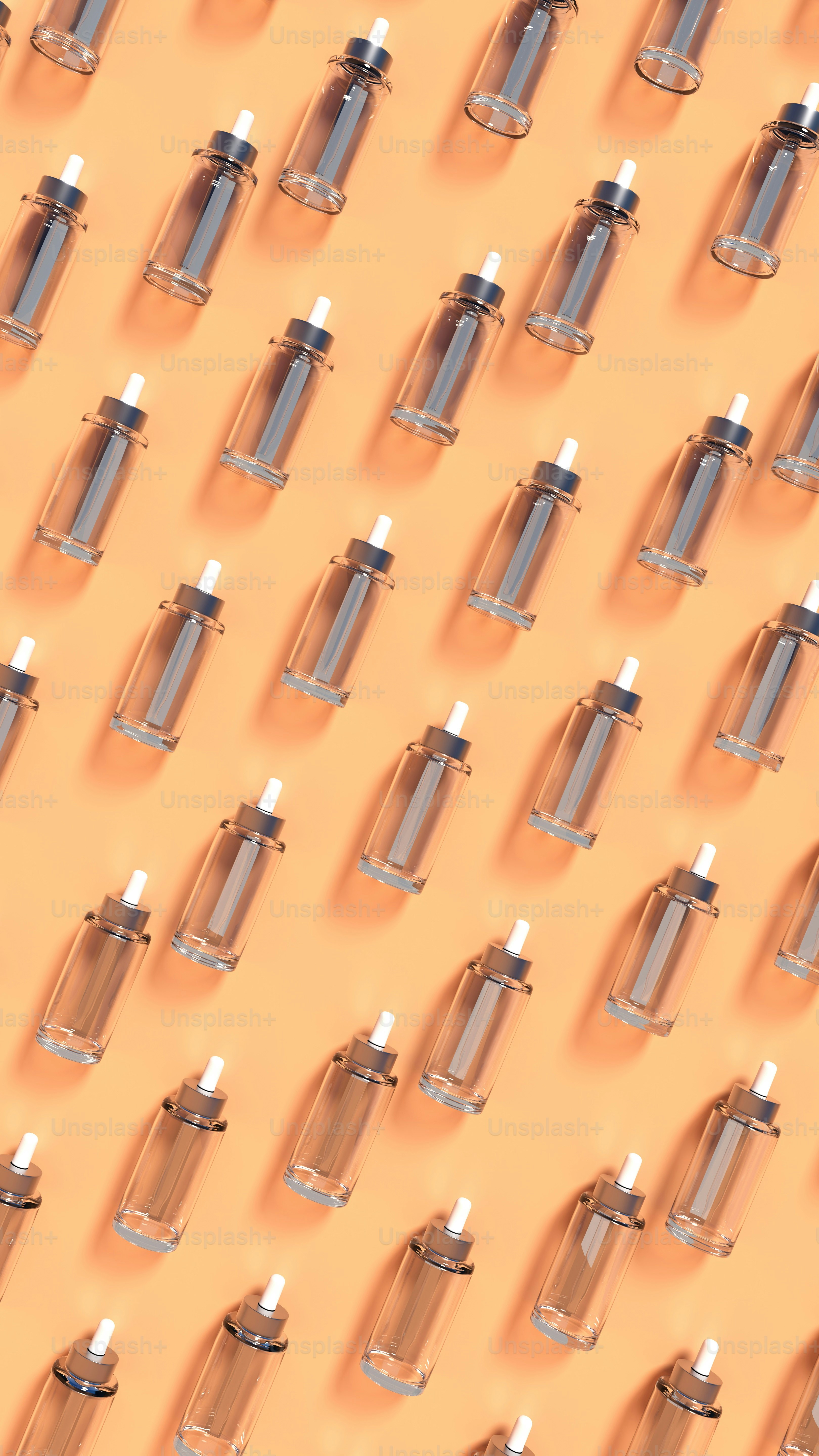 a group of bottles of different sizes on a yellow background