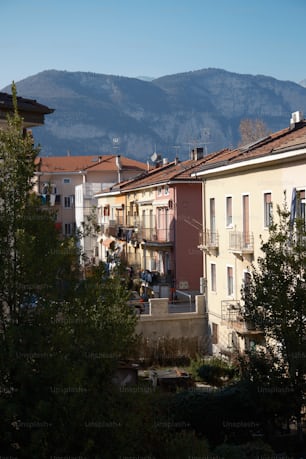 a row of buildings with a mountain in the background