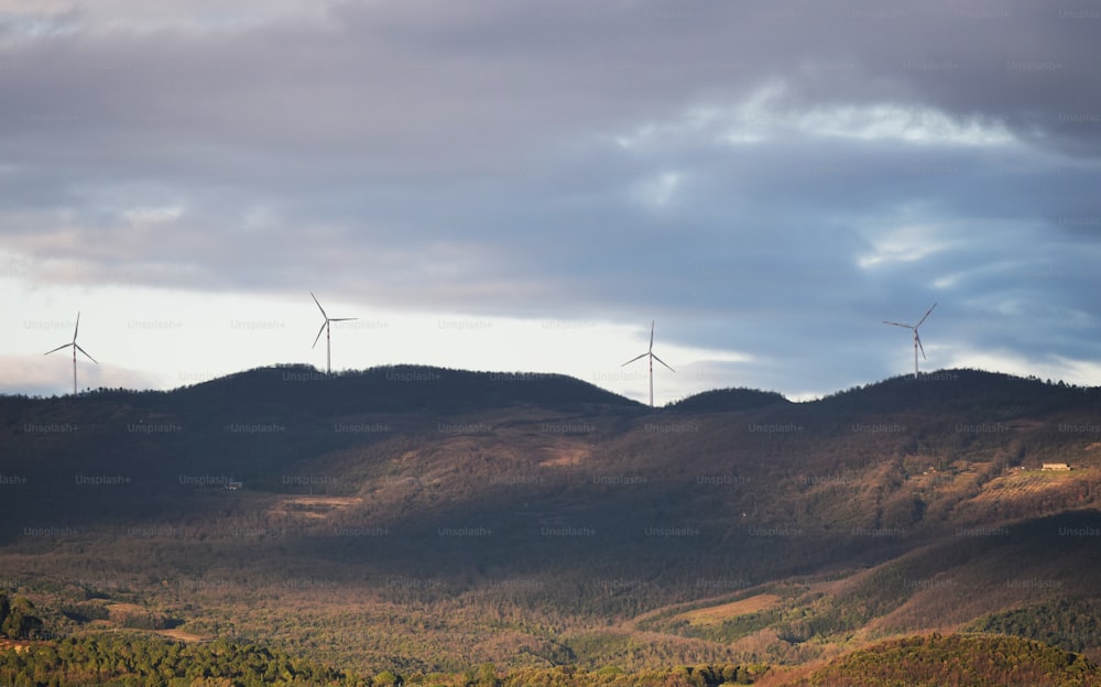 a group of wind turbines on a hill