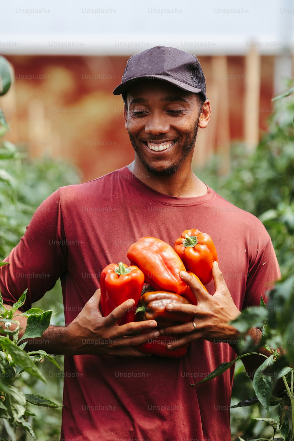 a man in a red shirt holding a bunch of tomatoes