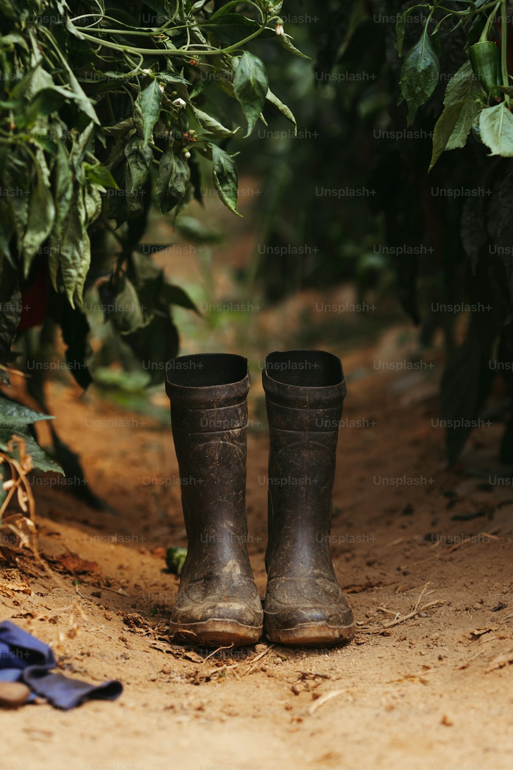 a pair of rubber boots sitting on top of a dirt road