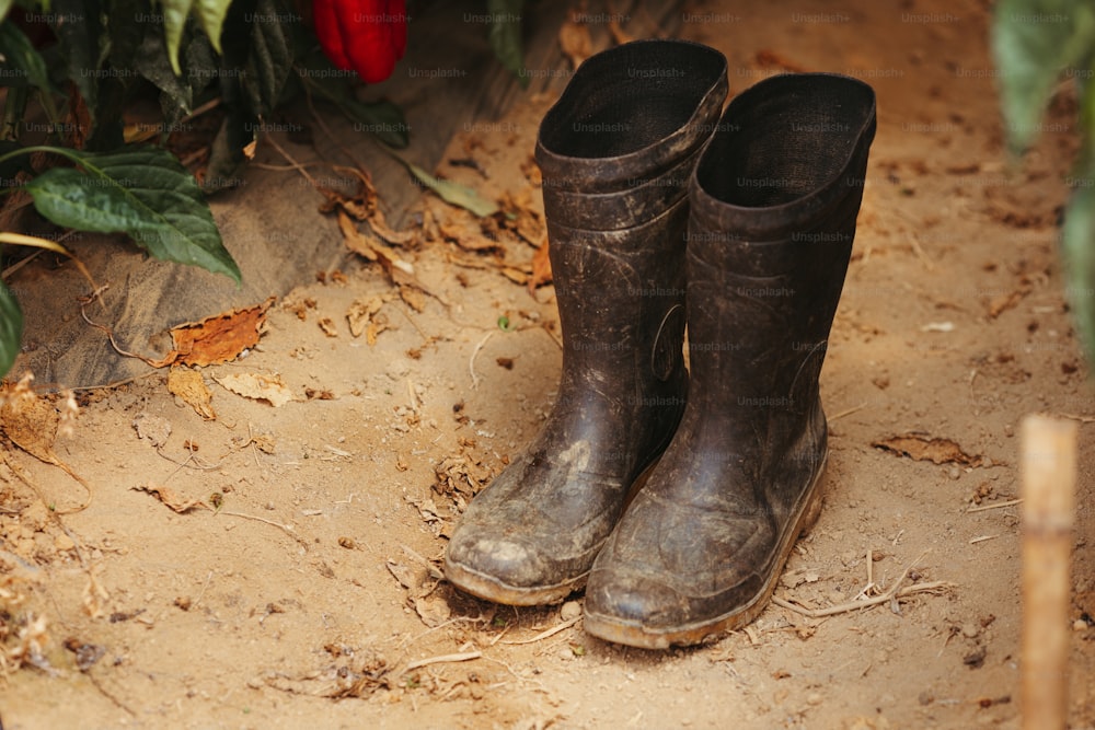 a pair of boots sitting on top of a dirt ground