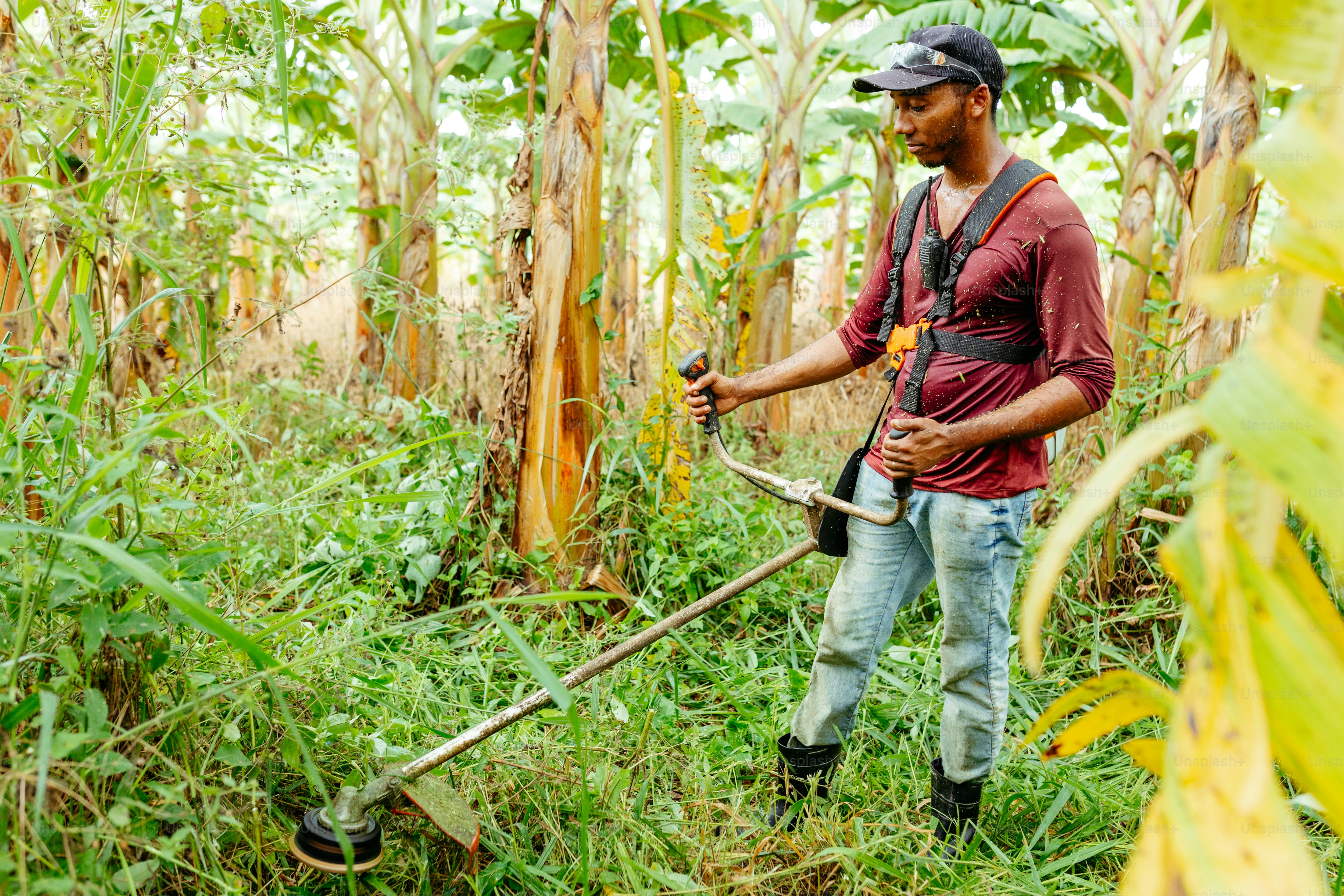 a man is standing in a field with a hoe