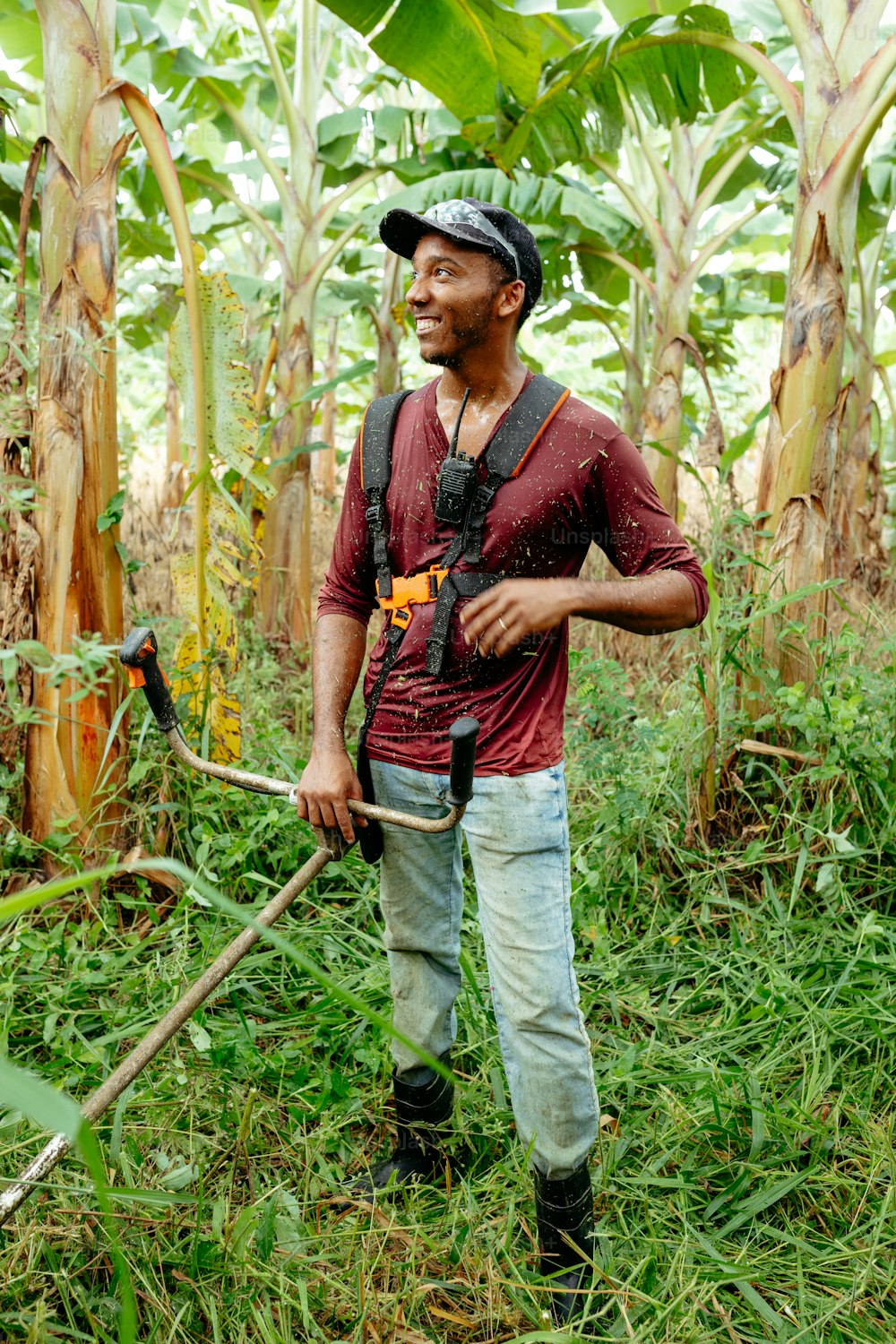 a man standing in the middle of a banana field