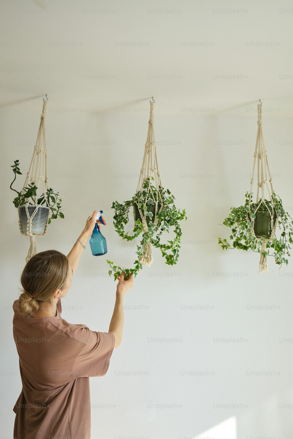 a woman is hanging plants from a wall