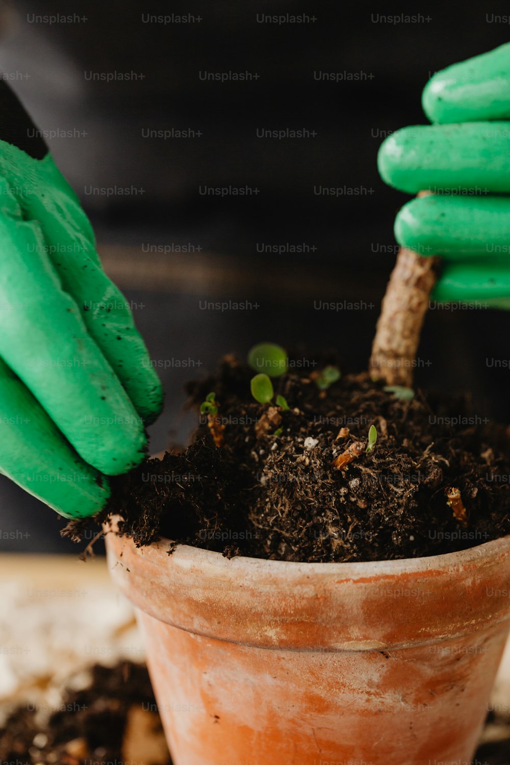 a person in green gloves is putting dirt in a pot