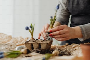 a woman is putting flowers in a pot