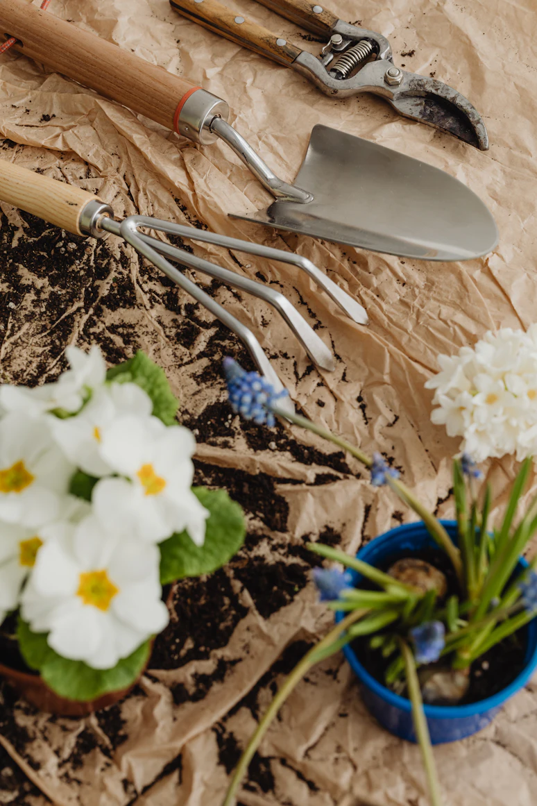 Hand-forged Dutch garden tools laid on stone