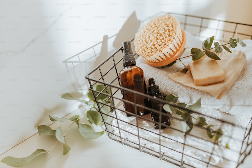 a basket filled with soap and a bottle of lotion