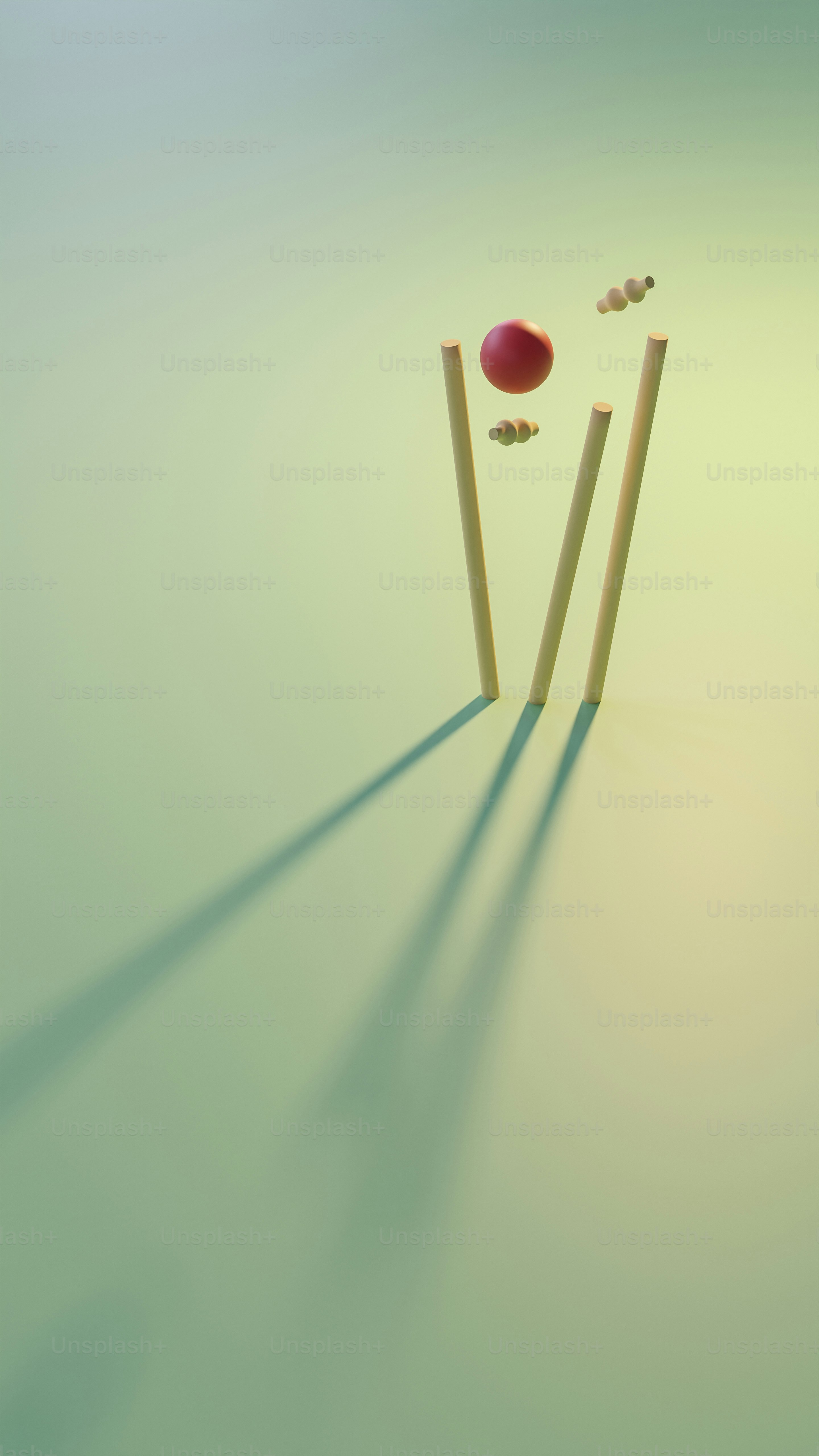Keywords: Cricket 3d render of ball hitting stumps and sending bails flying