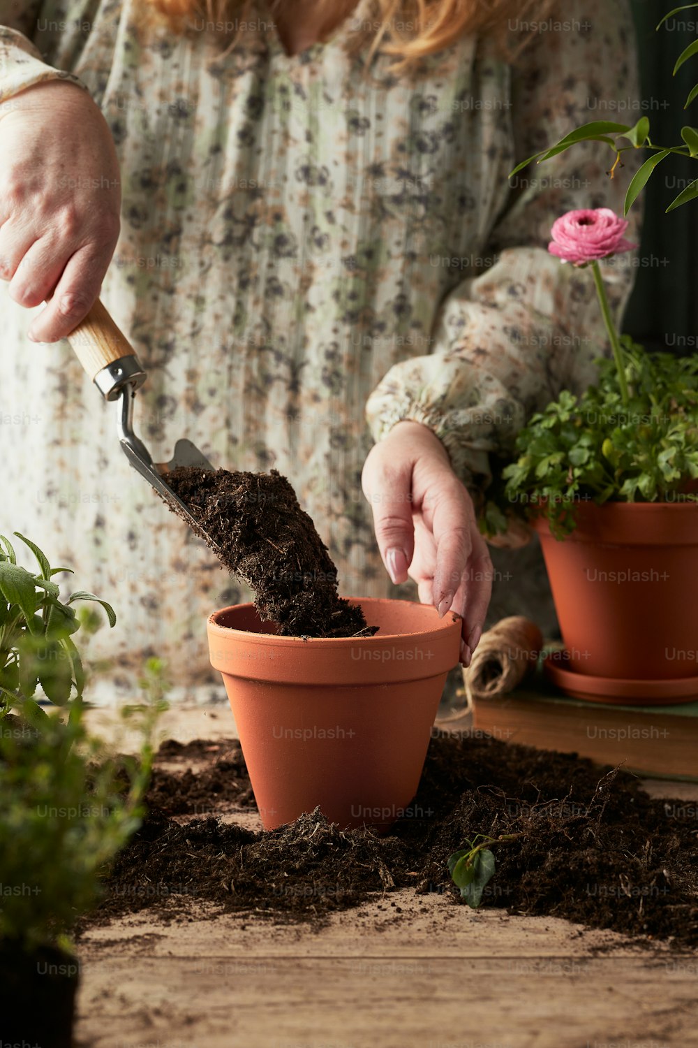 a woman is shoveling dirt into a potted plant