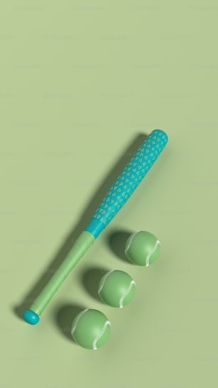 a baseball bat and three balls on a green background