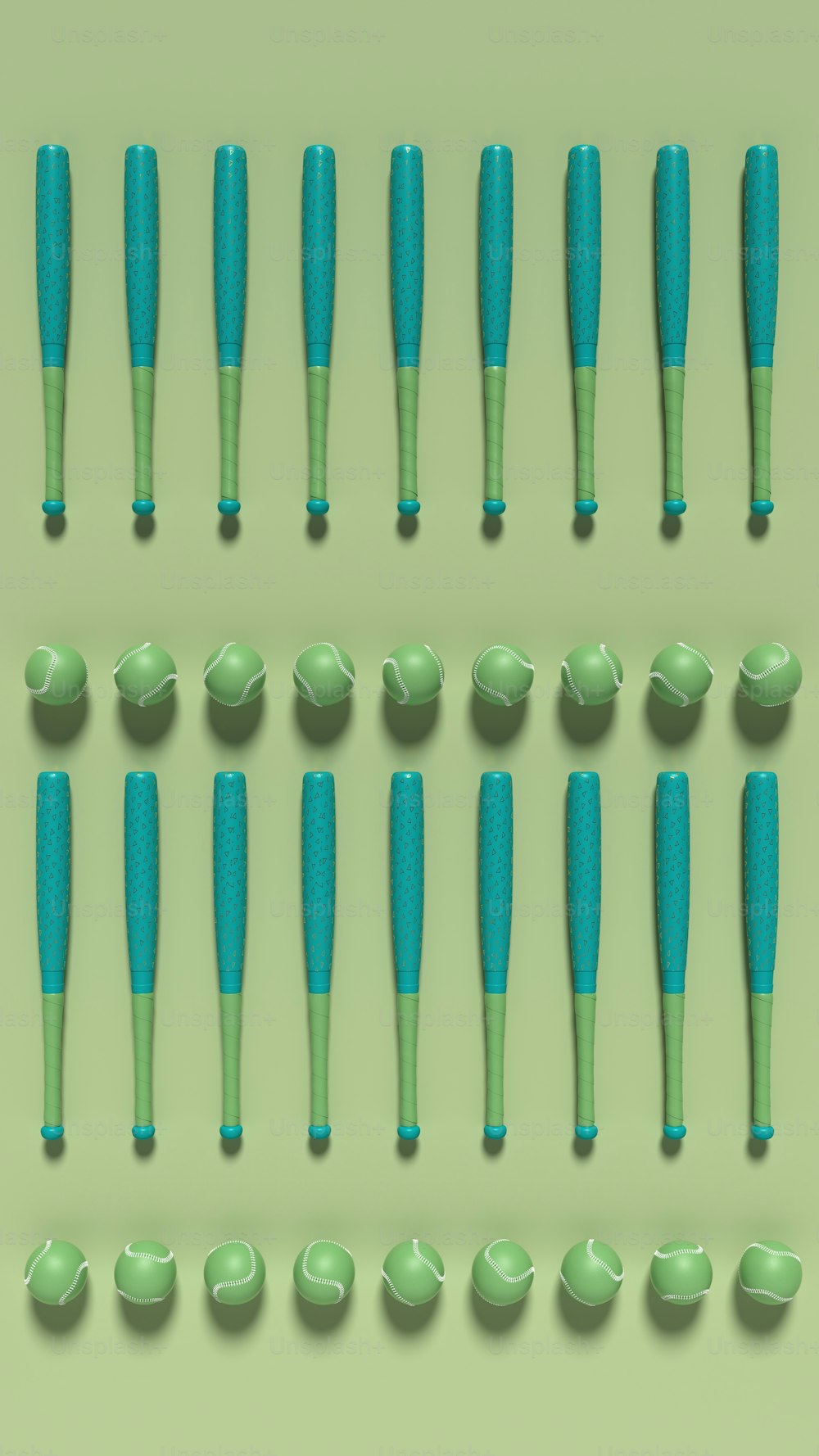 a group of blue and green toothbrushes on a green background