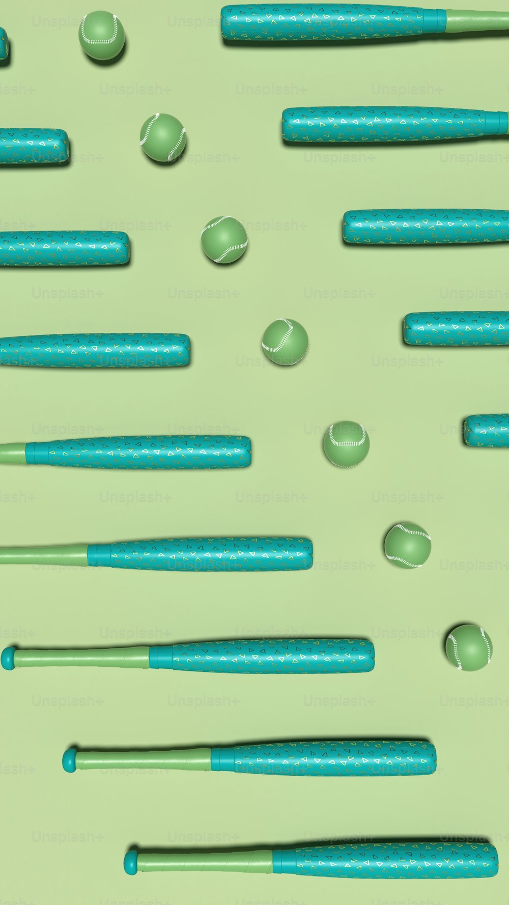 a group of blue and green objects on a green surface