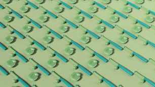 um grupo de escovas de dentes azuis e verdes em uma superfície verde