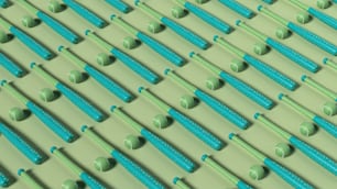 uma fileira de escovas de dentes verdes alinhadas em uma parede