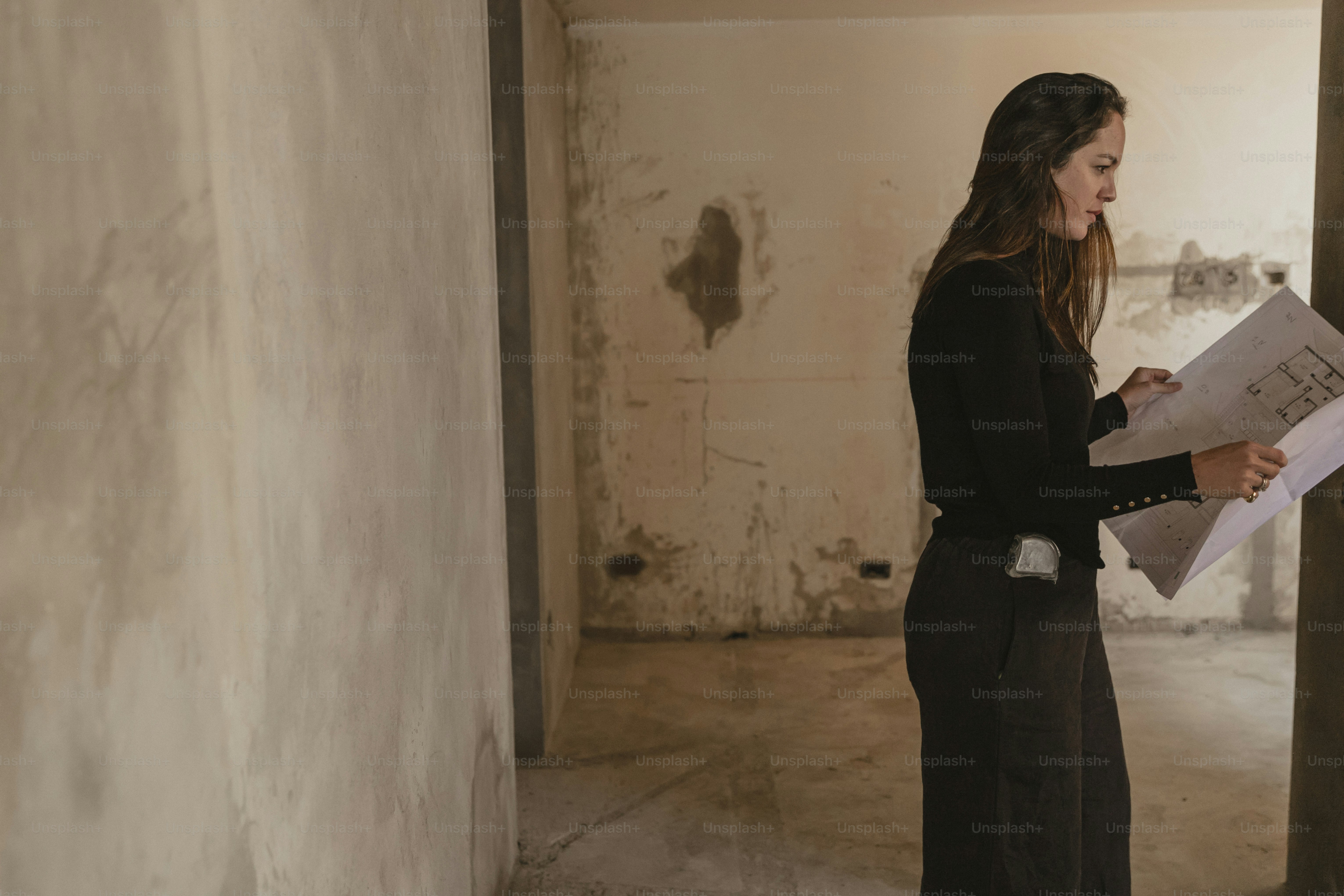 a woman standing in a room holding a piece of paper