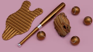 a baseball bat, glove, and balls on a pink background