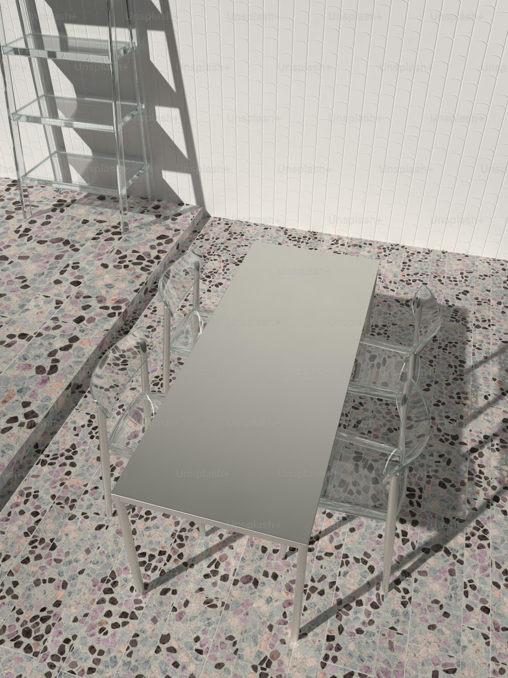 une image générée par ordinateur d’une table et d’un escalier