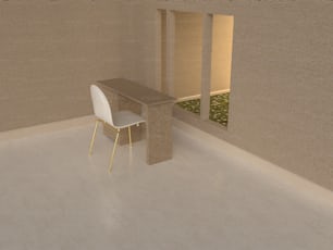 a room with a table and a chair in it