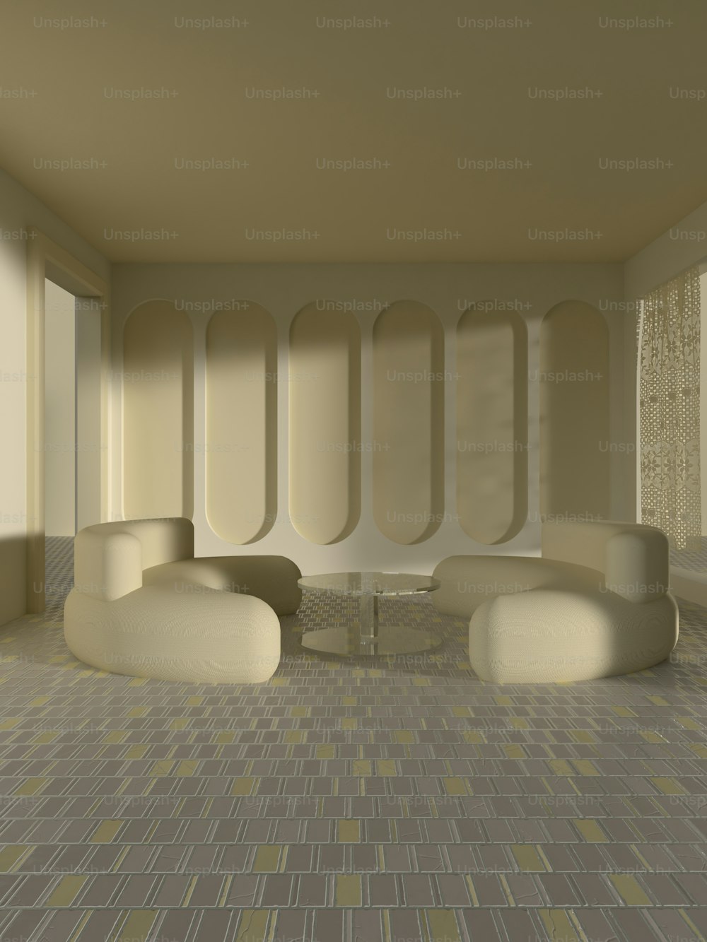 ein Zimmer mit einem runden Tisch, umgeben von weißen Sofas