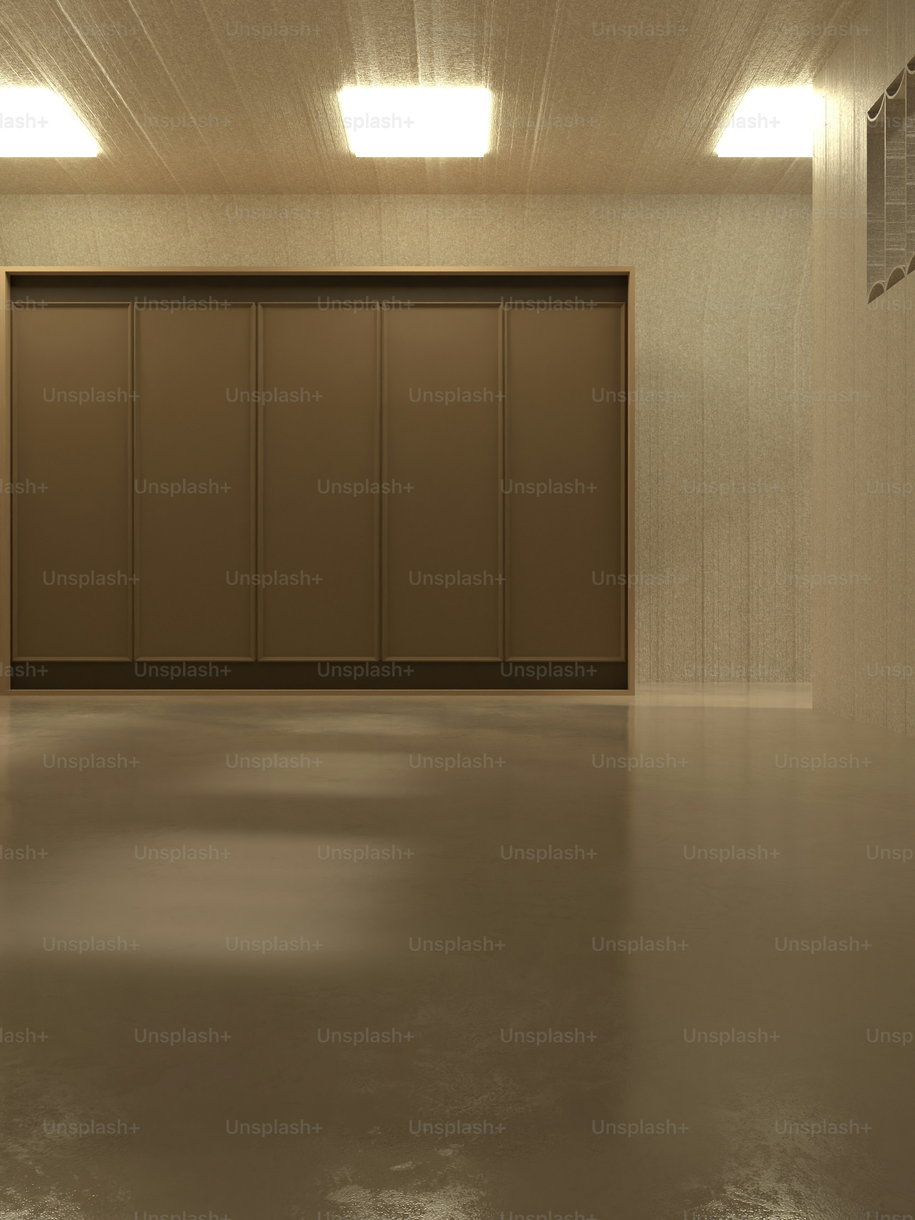 an empty room with two doors and a tiled wall