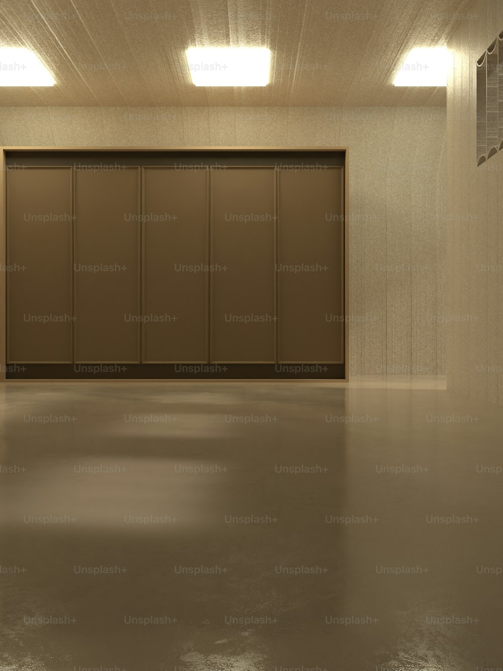 ein leerer Raum mit zwei Türen und einer gefliesten Wand
