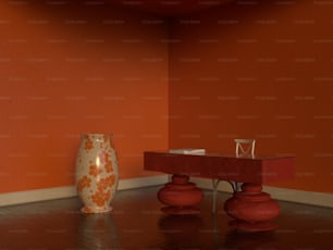 ein Raum mit einem Tisch und zwei Vasen auf dem Boden