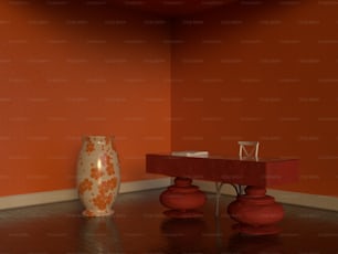 a room with a table and two vases on the floor