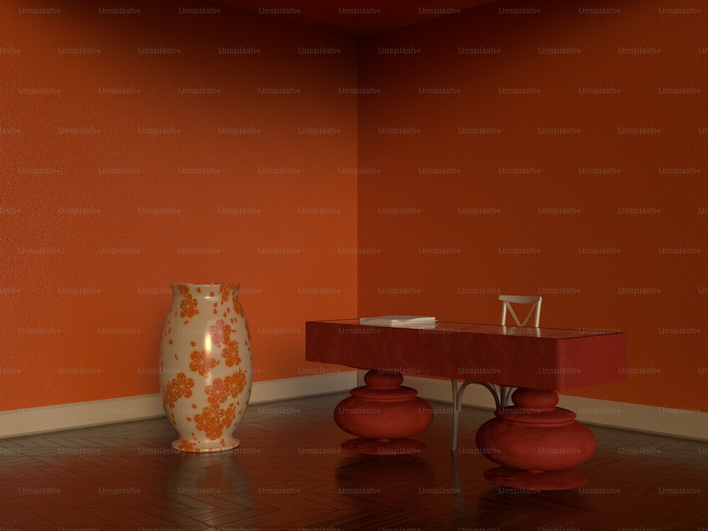 a room with a table and two vases on the floor