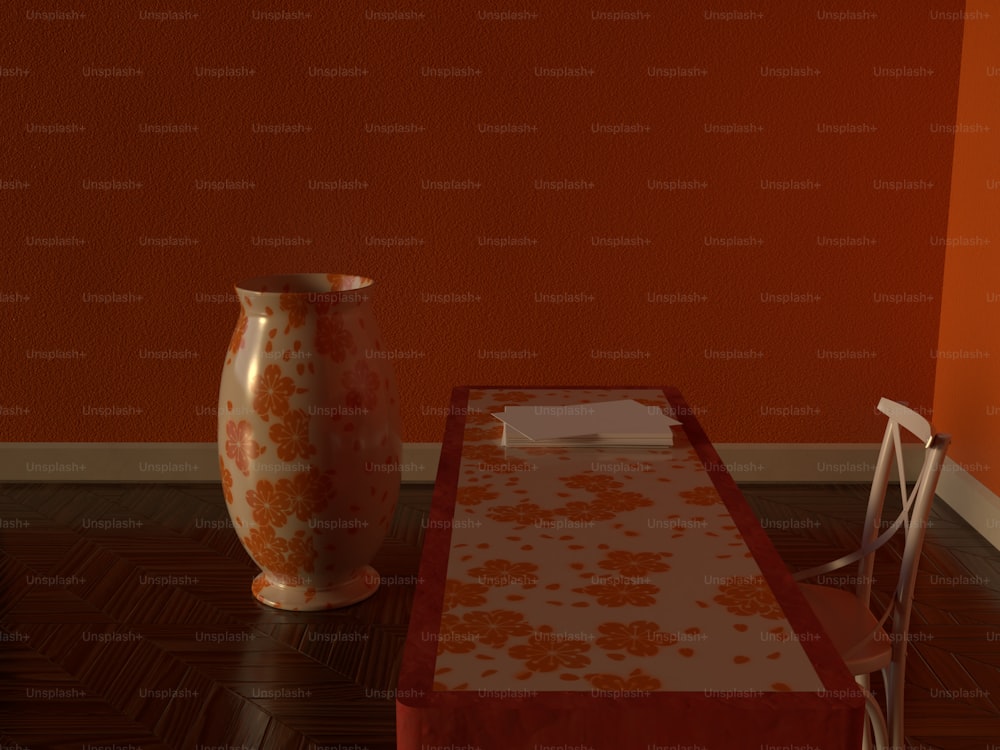 une table et un vase dans une pièce