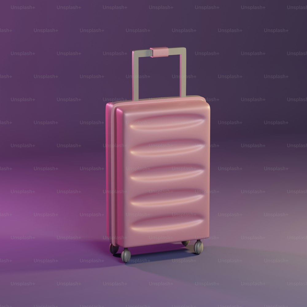 un bagage rose posé sur un sol violet