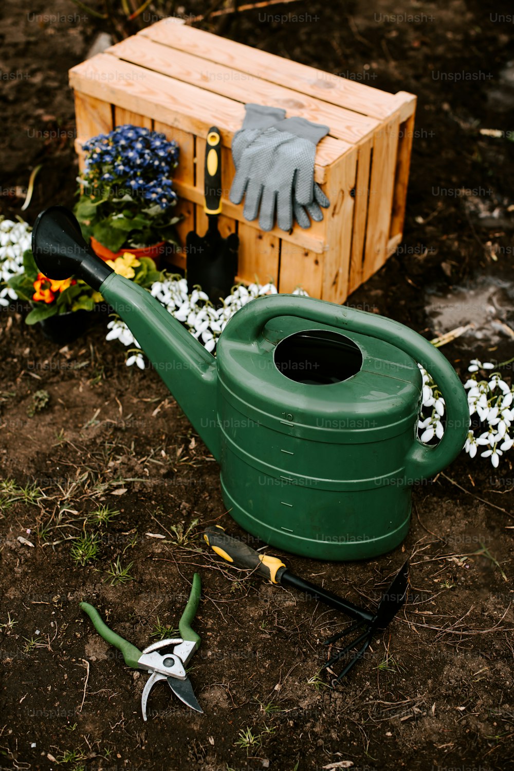 a green watering can sitting on the ground next to flowers