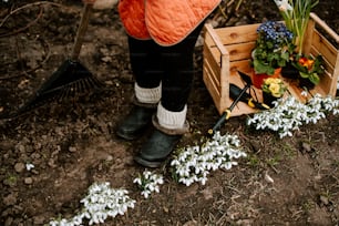 a person with a shovel and some flowers
