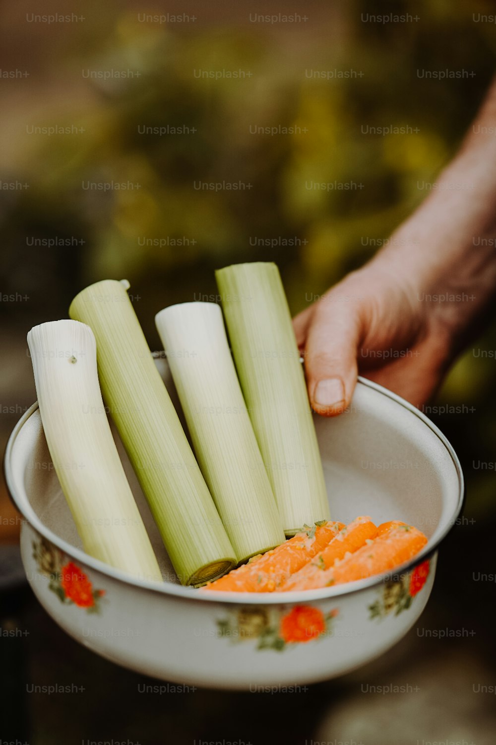a person holding a bowl of celery and carrots