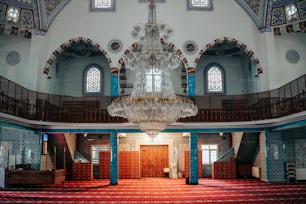 a chandelier hanging from the ceiling of a building