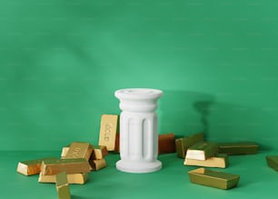 a white vase surrounded by gold bars on a green background